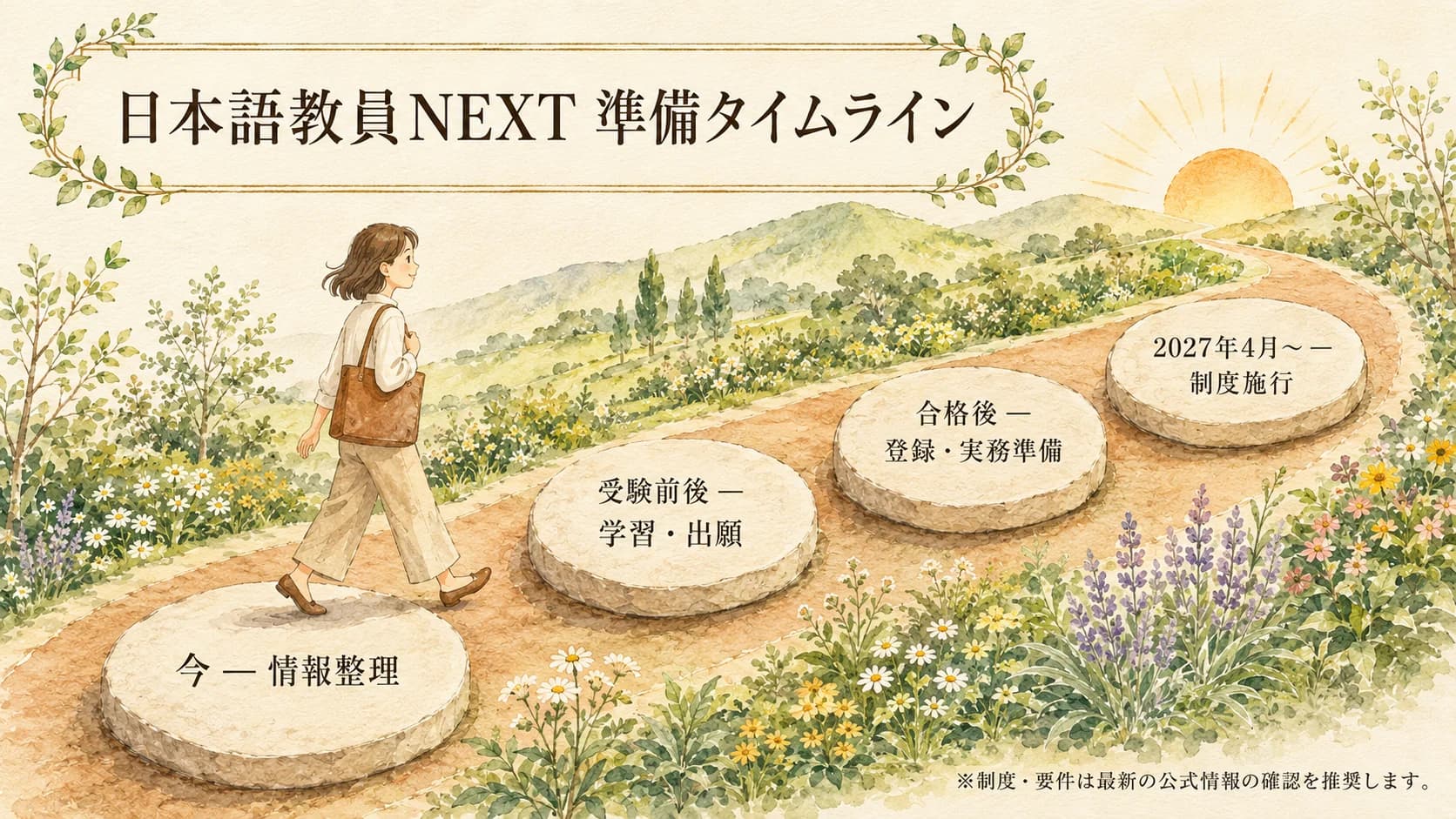 登録日本語教員NEXT 準備タイムライン。今=情報整理/受験前後=学習・出願/合格後=登録・実務準備/2027年4月〜=制度施行 の4ステップを、踏み石を渡る教師のイラストで描いた水彩風インフォグラフィック。制度・要件は最新の公式情報の確認を推奨します。