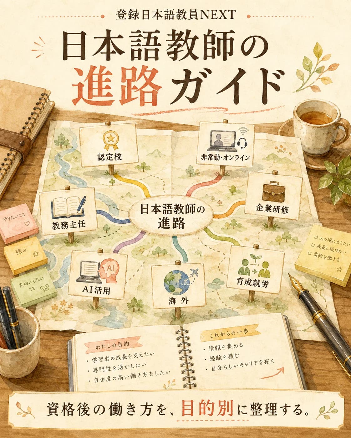 日本語教師の進路ガイド。認定校、非常勤・オンライン、企業研修、育成就労制度、海外、AI活用など、資格後の働き方を道しるべで整理する水彩ビジュアル。
